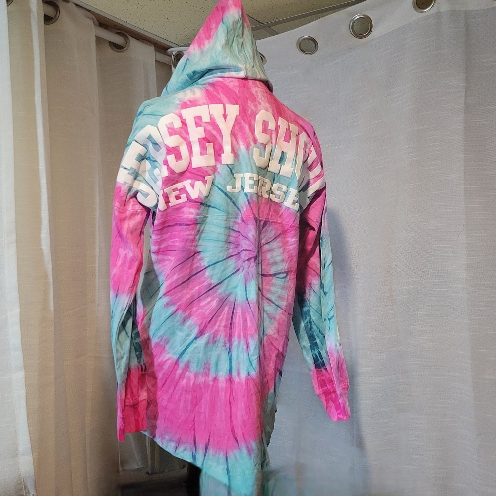 Tie Dyed New Jersey Shore Long Sleeve Cotton Tunic Hoodie Women's L NOS